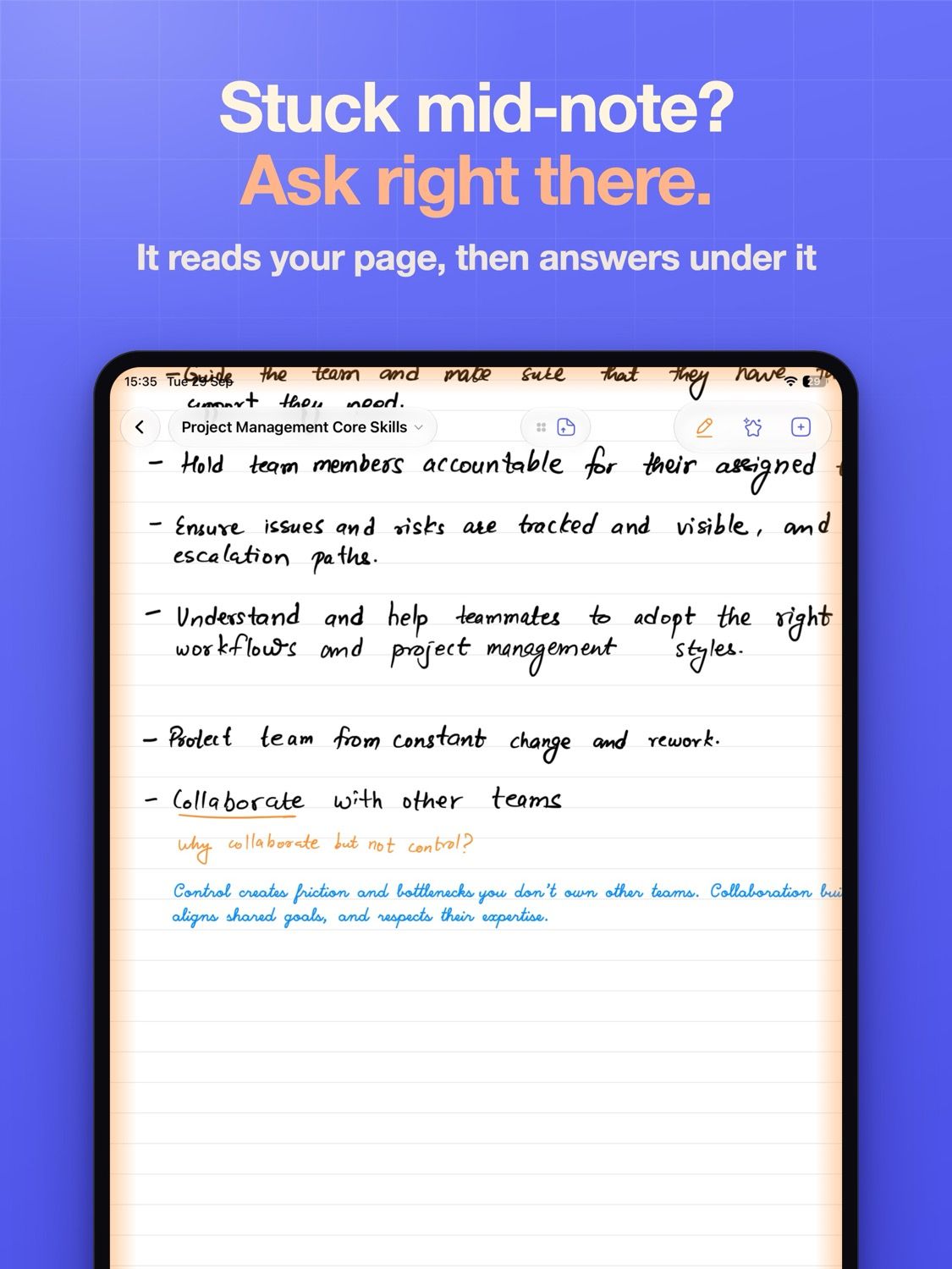 App Store card reading "Stuck mid-note? Ask right there", over an iPad page where a question in amber ink is answered beneath in blue