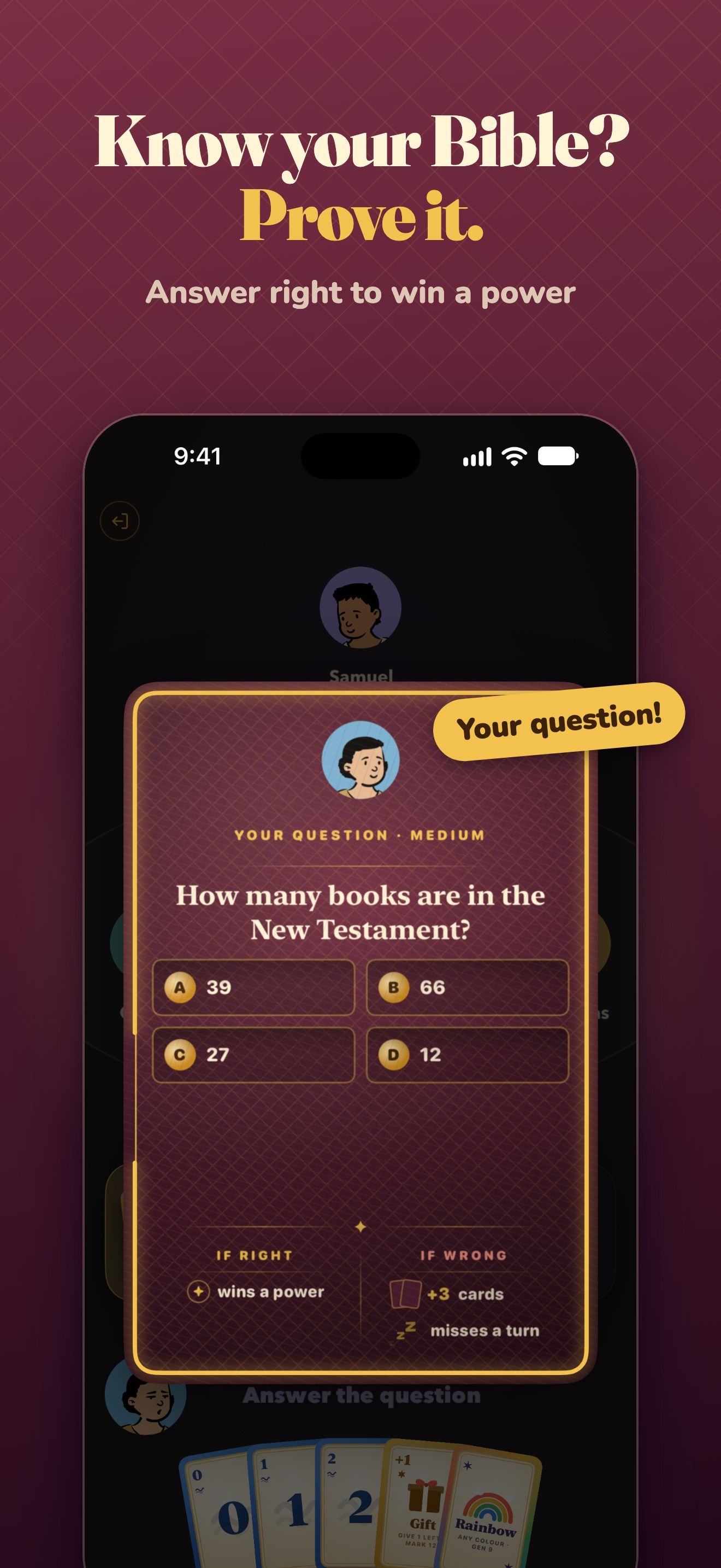 A paper question card asking how many books are in the New Testament, with four answers and the stakes below: a power if right, three cards and a missed turn if wrong