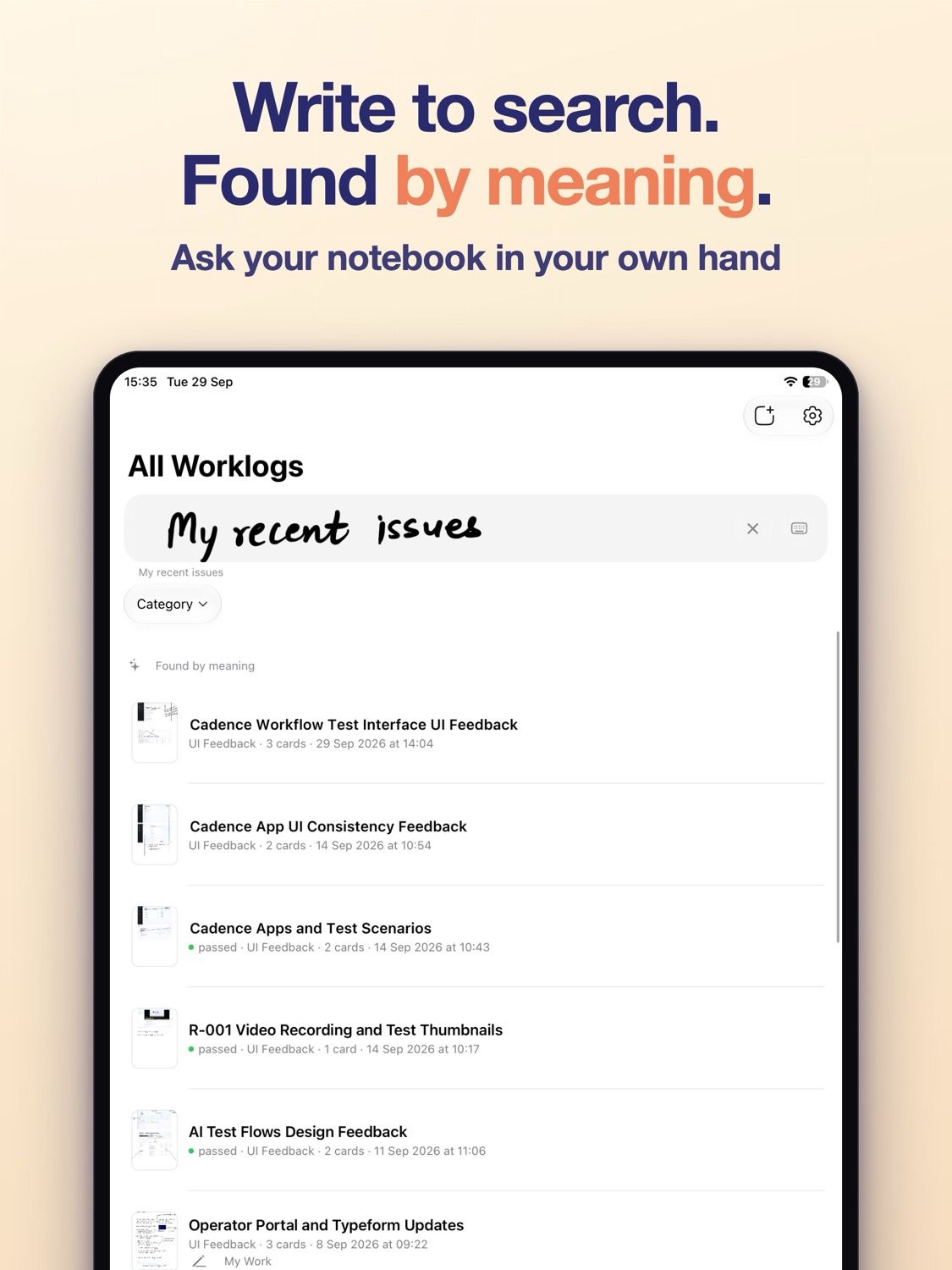 App Store card reading "Write to search, found by meaning", over a handwritten search and its results