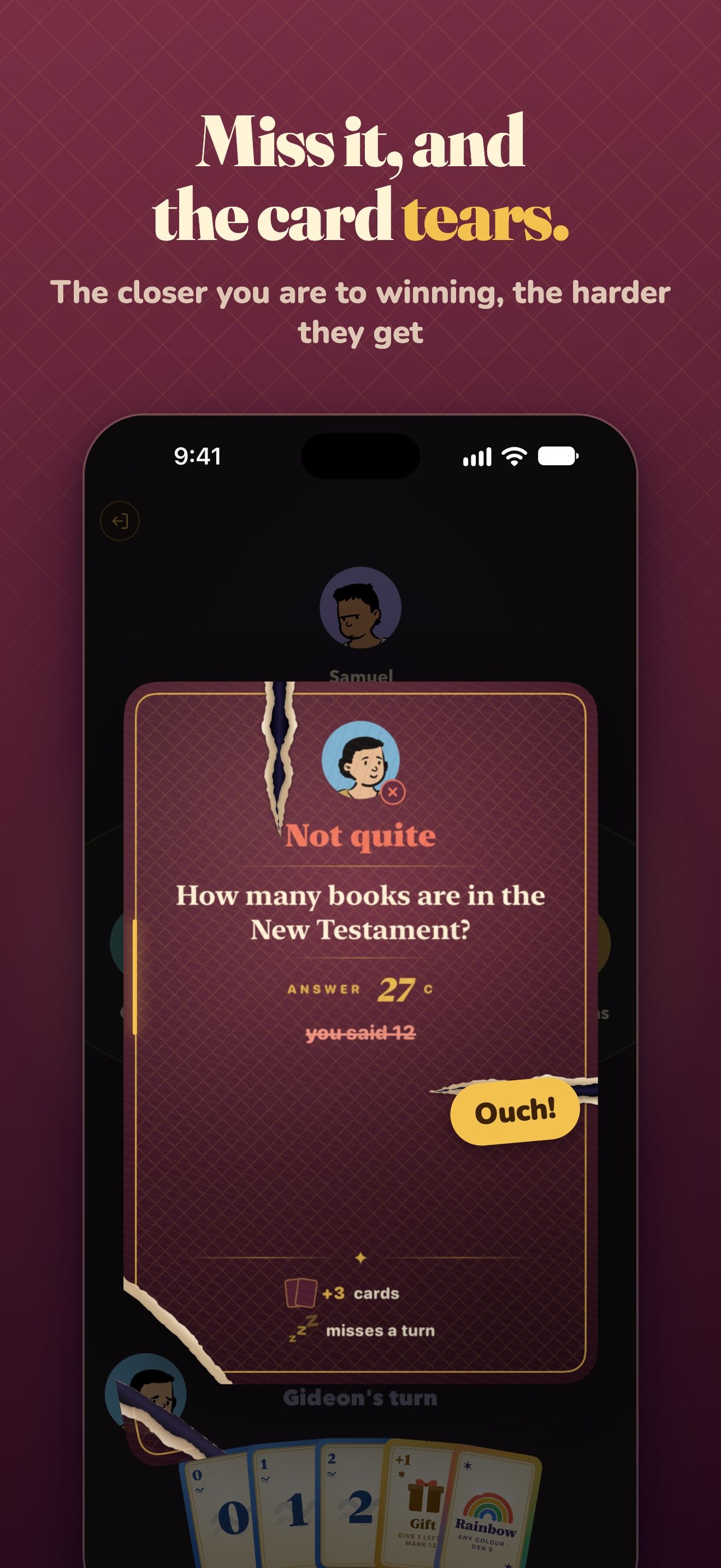 The same question card torn in three places after a wrong answer, with the right answer shown and the wrong one struck through