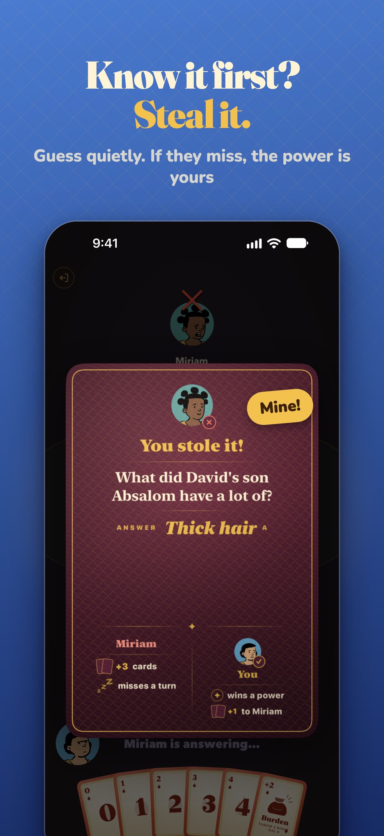 A card reading "You stole it!" after guessing another player’s question right, with what they pay and what you win