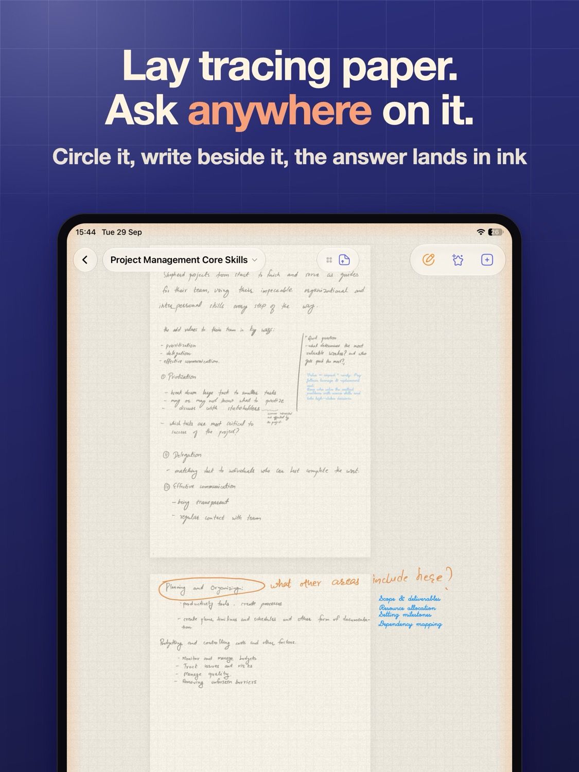 App Store card reading "Lay tracing paper, ask anywhere on it", over a page with a sheet laid across it