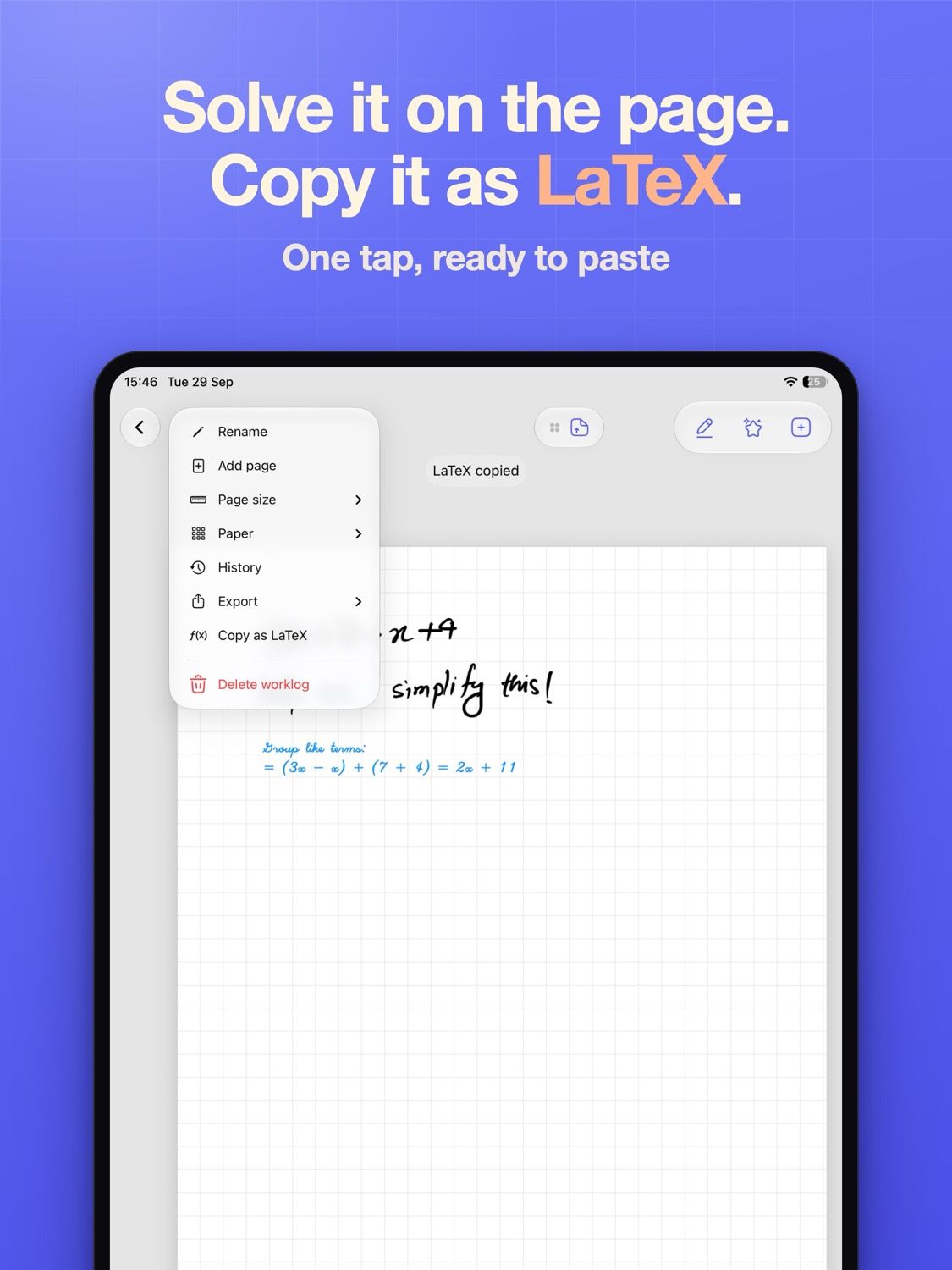 App Store card reading "Solve it on the page, copy it as LaTeX", over a handwritten equation