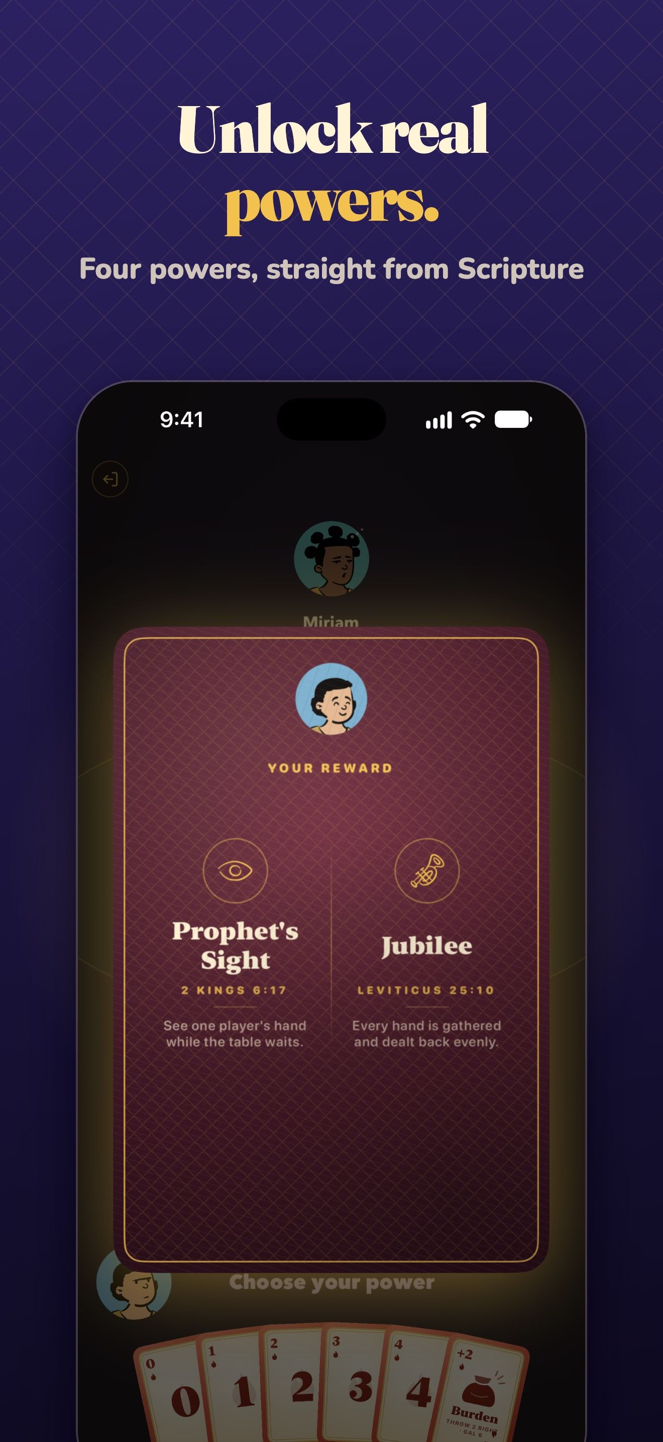 The reward card offering Prophet’s Sight and Jubilee, each with the verse it comes from