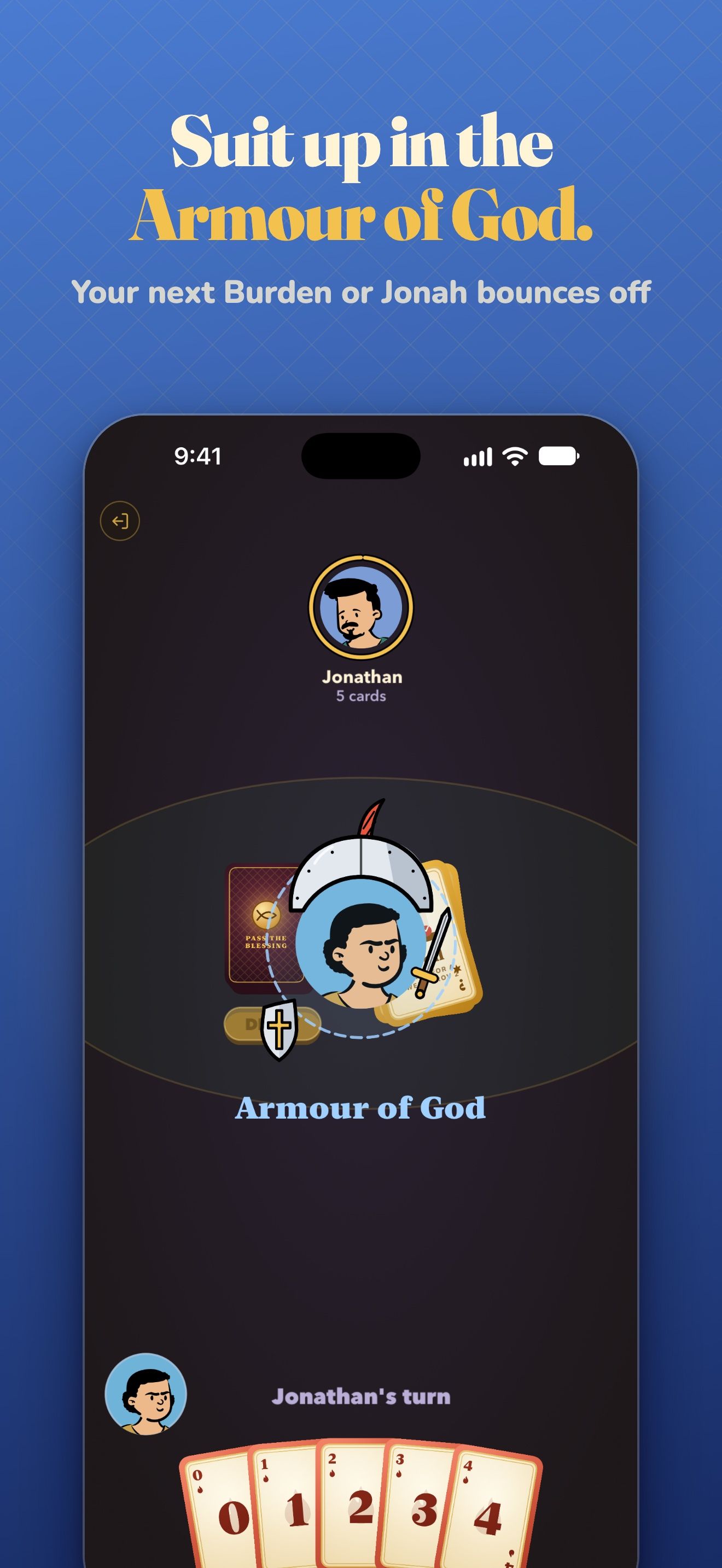 A helmet, shield and sword appearing on a player at the table as the Armour of God power is used