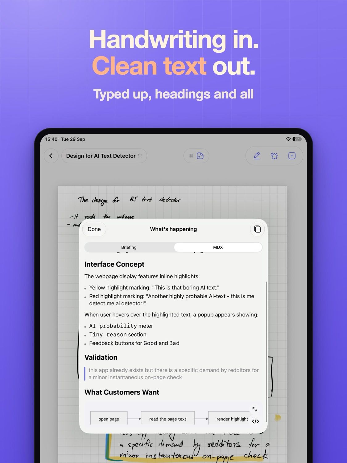 App Store card reading "Handwriting in, clean text out", over a page converted to typed text