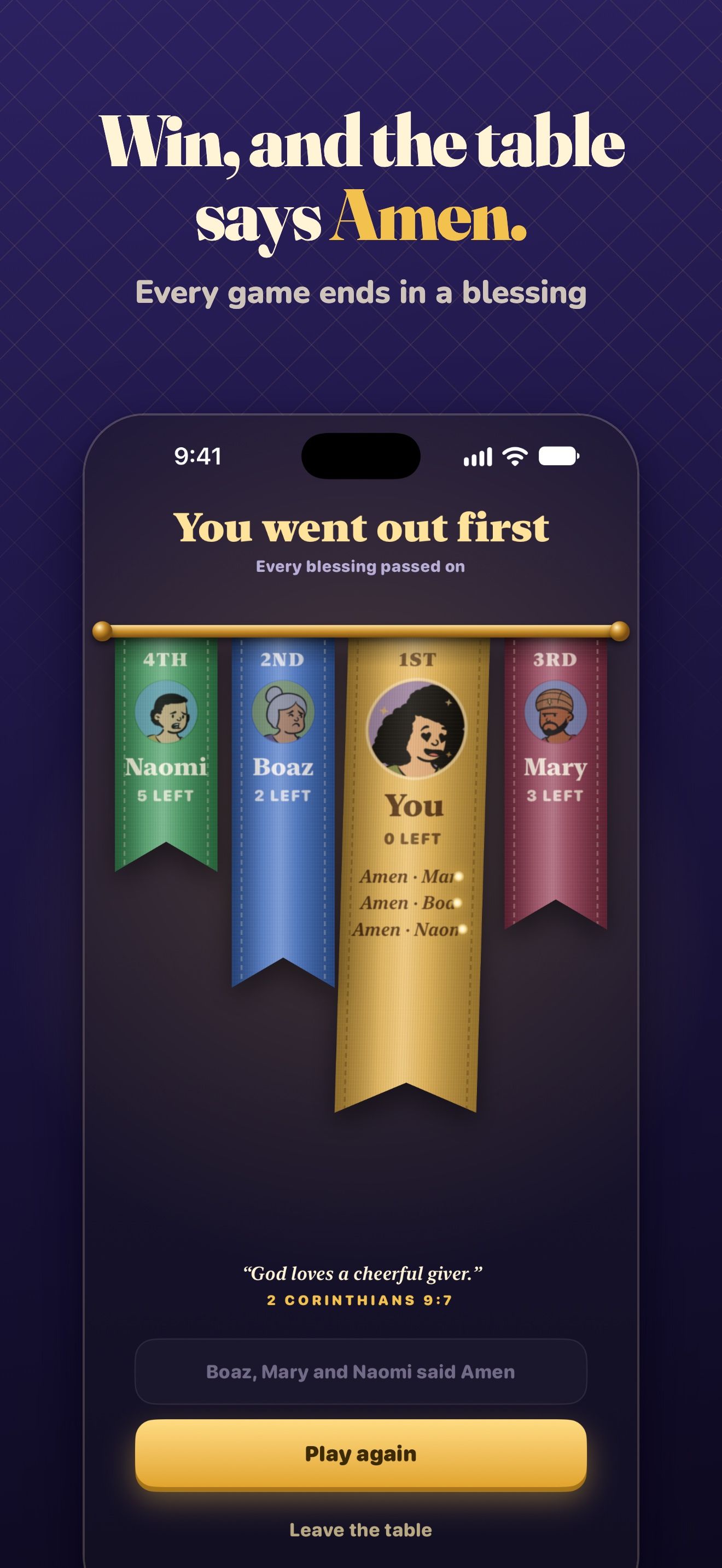 The win screen: four prize ribbons hanging from a gold rod, the winner’s gold ribbon in the middle with three Amens written on it