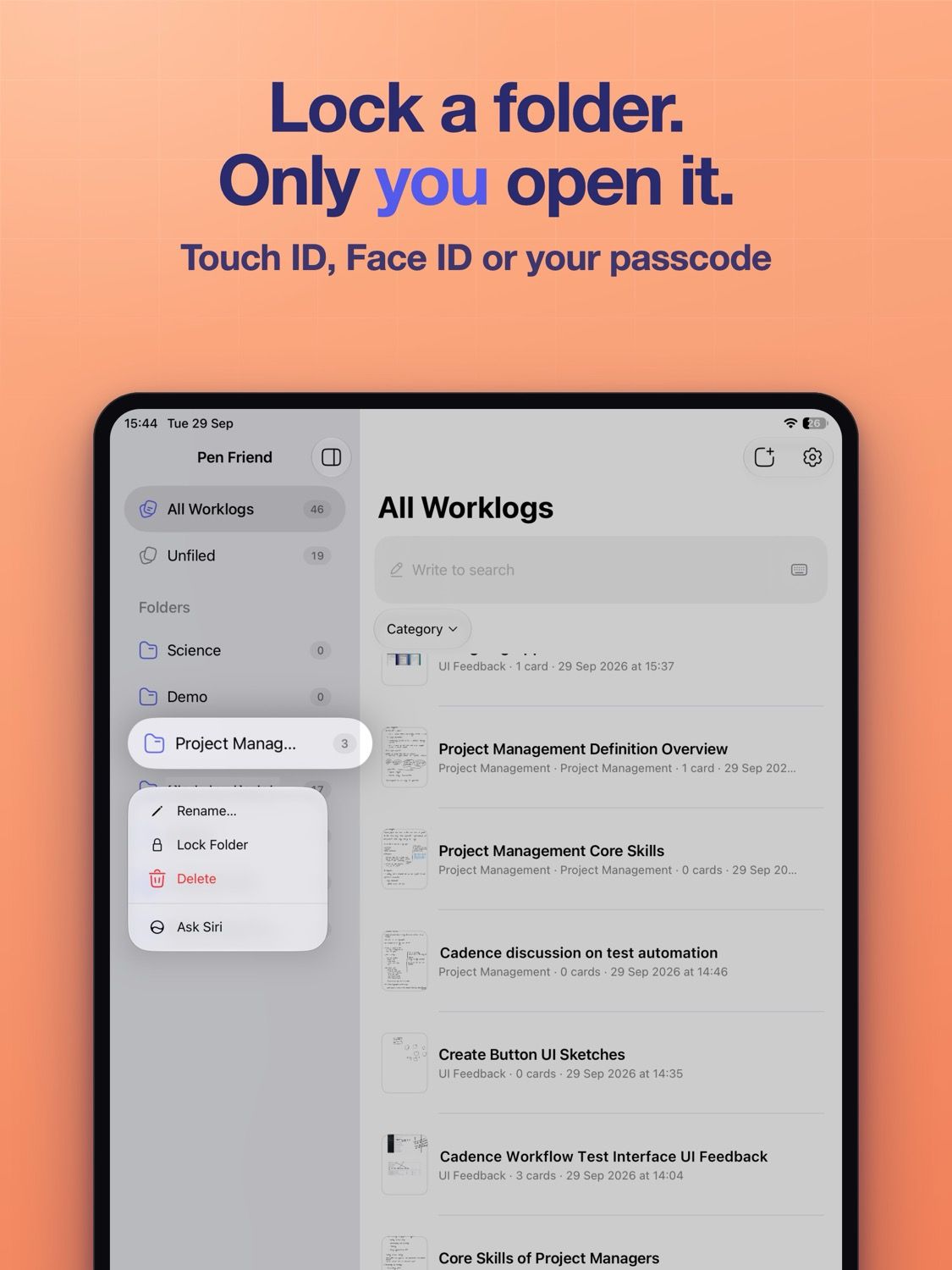 App Store card reading "Lock a folder, only you open it", over a locked folder asking for Face ID