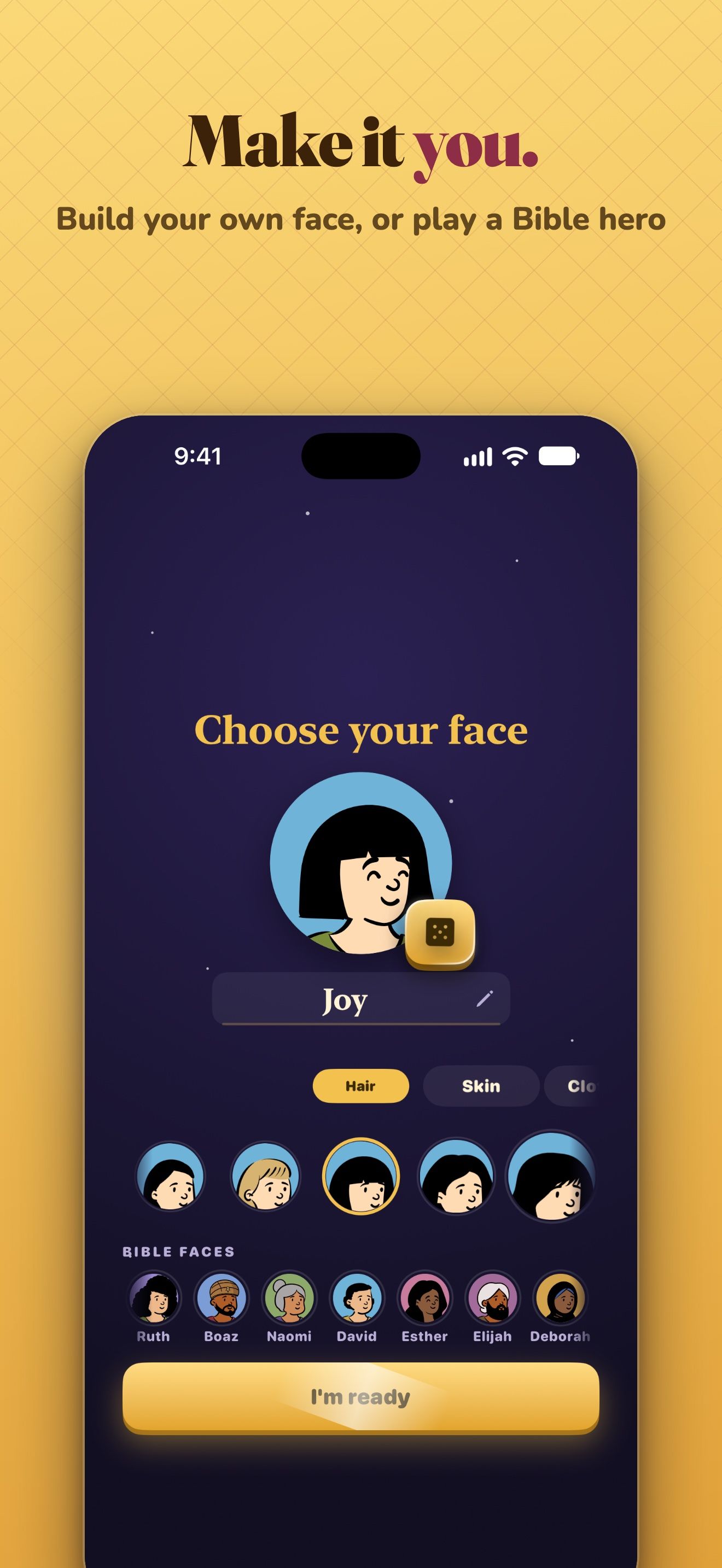 The face picker with a chosen face, rows of hair styles to swap, and a row of Bible heroes to play as