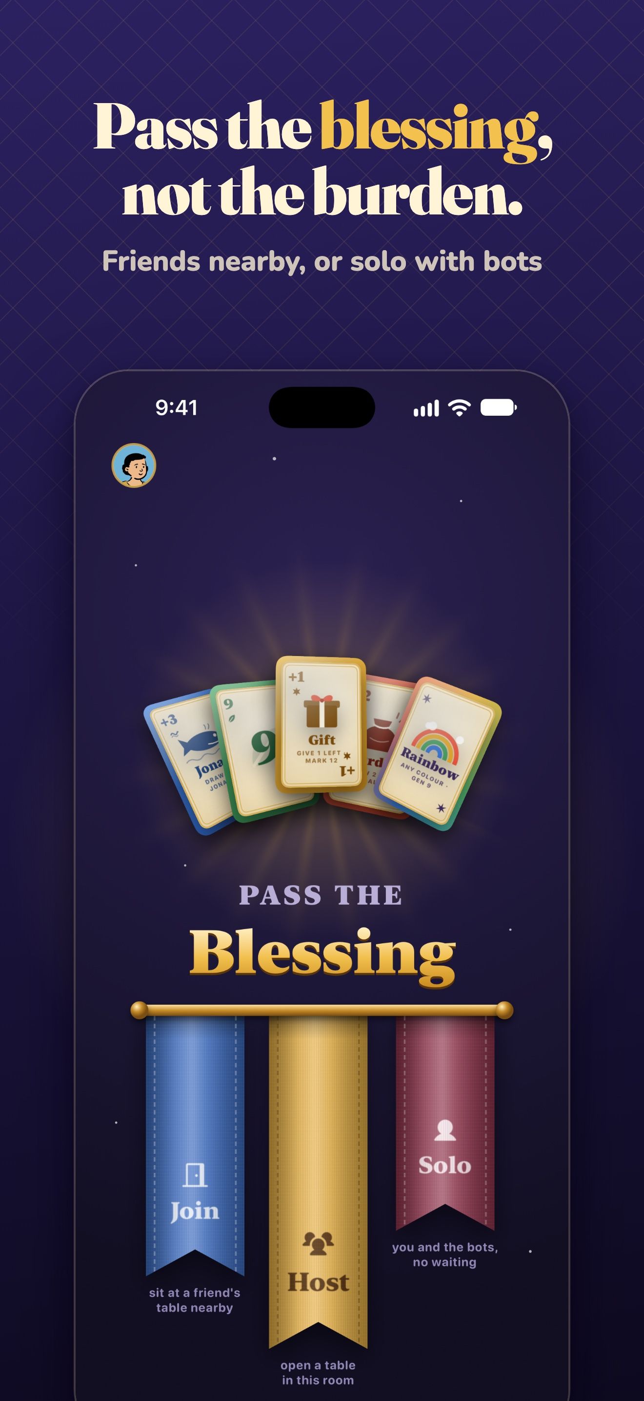 The home screen: a fan of cards above the title, and three ribbons to Join, Host or play Solo